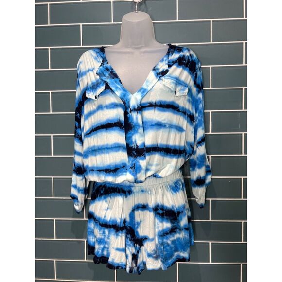 Young Fabulous & Broke Pants - WOMENS YOUNG FABULOUS & BROKE BLUE TIE DYE LONG SLEEVE STRETCH KNIT ROMPER XS